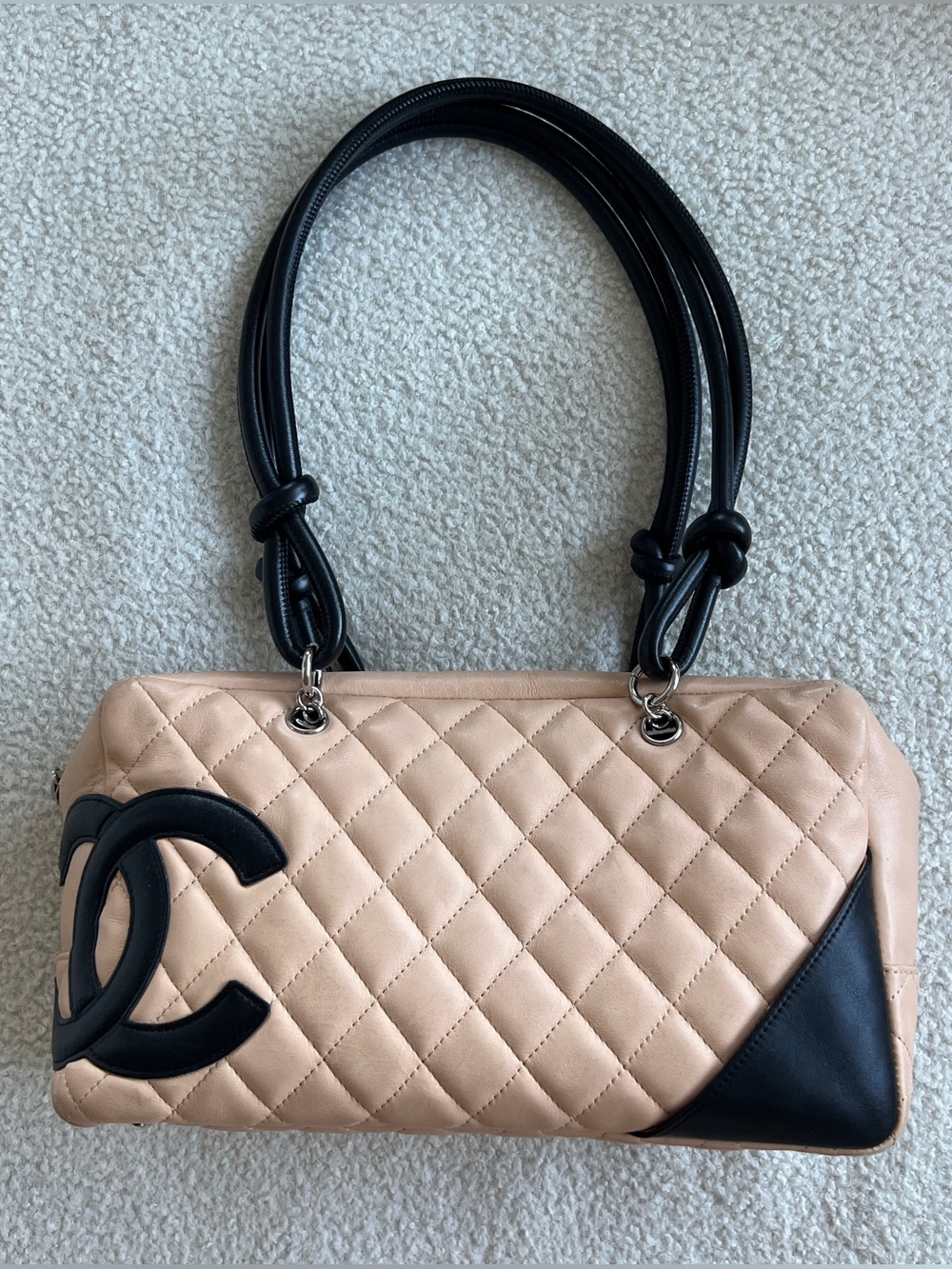 Vintage Chanel Cambon Ligne Bowler Shoulder Bag Beige Black Quilted Leather